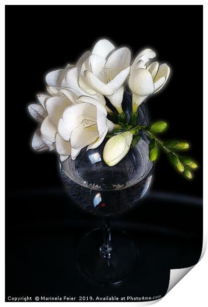 white freesia in a glass Print by Marinela Feier