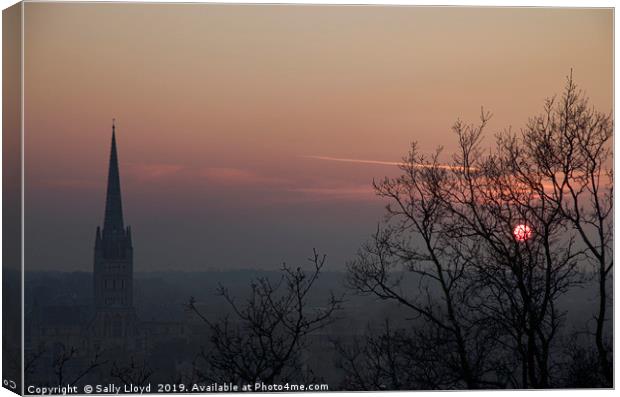 Red Sunset at Norwich Cathedral  Canvas Print by Sally Lloyd