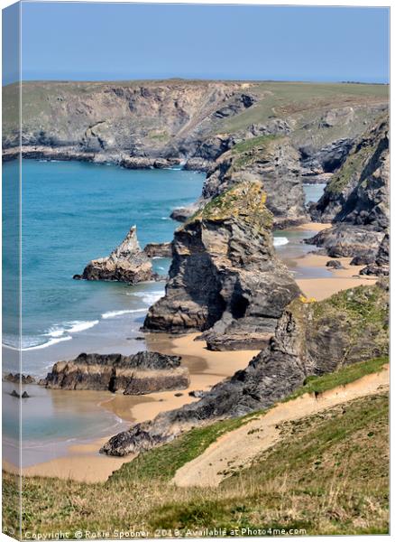 Portrait View of Bedruthan Steps in Cornwall Canvas Print by Rosie Spooner