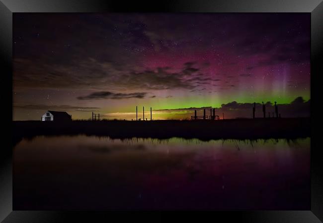 Northern lights over the old coal barn at Thornham Framed Print by Gary Pearson