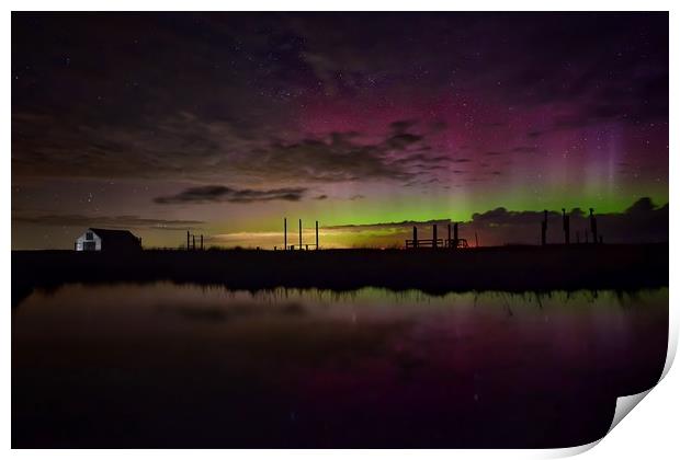 Northern lights over the old coal barn at Thornham Print by Gary Pearson