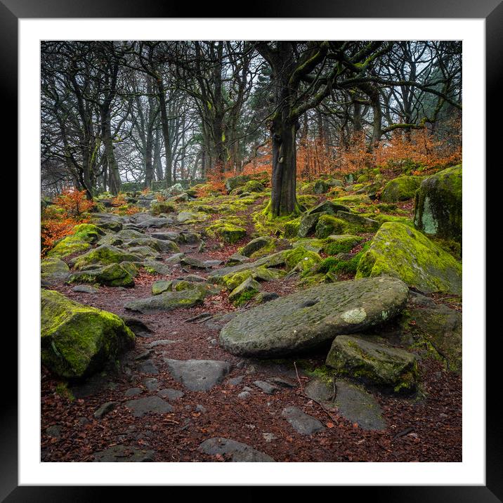 Old Millstone beside path in Padley Gorge woods Framed Mounted Print by George Robertson