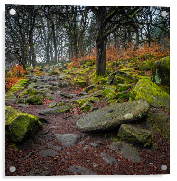 Old Millstone beside path in Padley Gorge woods Acrylic by George Robertson