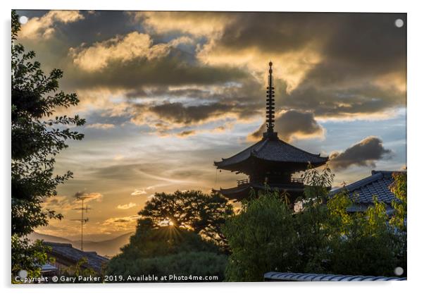 A Japanese pagoda, in Kyoto, framed by a sunset Acrylic by Gary Parker