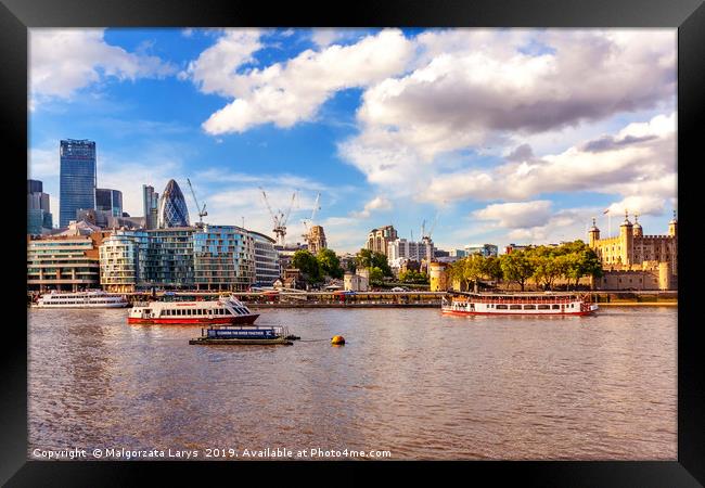 London, view from the boat on the Thames river Framed Print by Malgorzata Larys