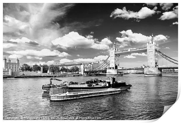 Tower Bridge and the boats in London in black and  Print by Malgorzata Larys