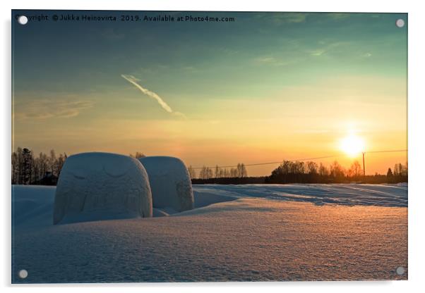 Two Bales In The Winter Sunset Acrylic by Jukka Heinovirta