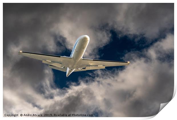 Airplane flying through a hole in storm clouds Print by Andis Atvars