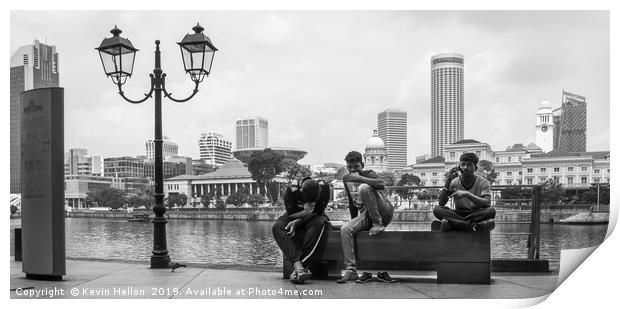 Three men sat on a bench on Boat Quay, Singapore  Print by Kevin Hellon
