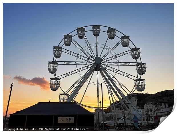 Ferris wheel at sunset Print by Lee Sulsh