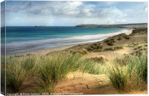 Hayle Sand Dunes and Godrevy Lighthouse Cornwall Canvas Print by Rosie Spooner