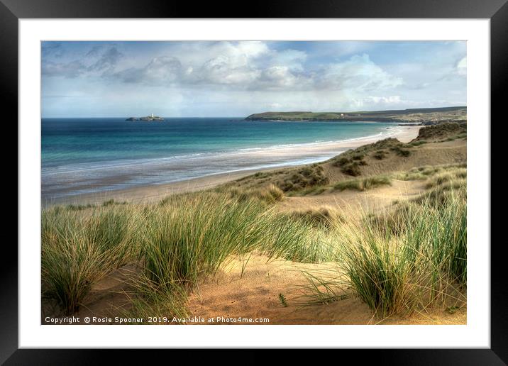 Hayle Sand Dunes and Godrevy Lighthouse Cornwall Framed Mounted Print by Rosie Spooner