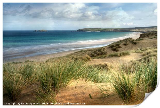 Hayle Sand Dunes and Godrevy Lighthouse Cornwall Print by Rosie Spooner