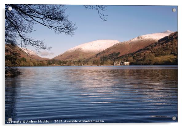 Grasmere with snow capped fells in the background. Acrylic by Andy Blackburn