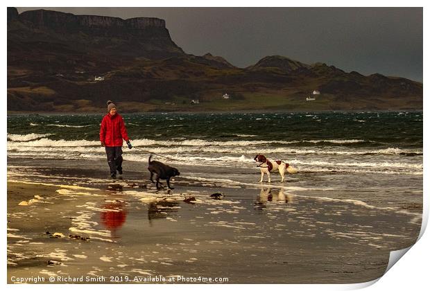 Dog walking on the beach 'an Corran' at Staffin Print by Richard Smith
