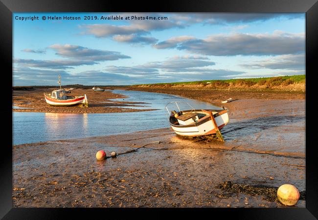 Boats on the river estuary at Burnham Overy Staith Framed Print by Helen Hotson