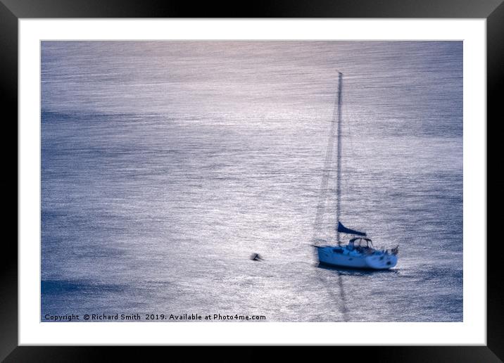 Yacht moored in the reflected light of the moon #2 Framed Mounted Print by Richard Smith