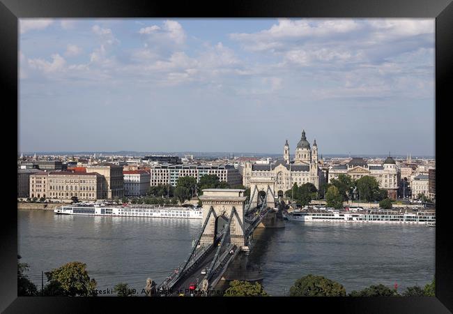 Chain bridge on Danube river Budapest cityscape Framed Print by goce risteski