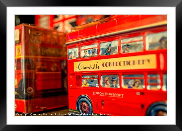 London Bus sweet shop Framed Mounted Print by Antony Atkinson