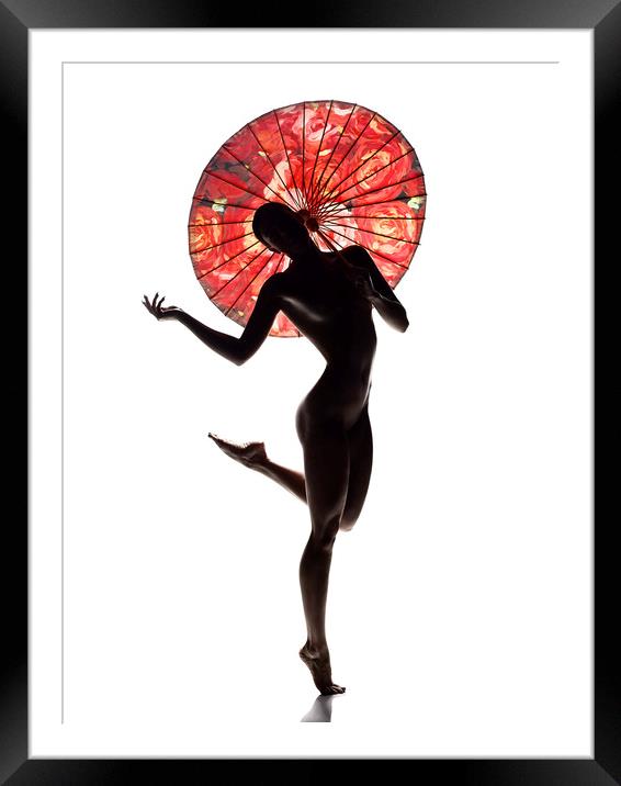 Nude woman with red parasol Framed Mounted Print by Johan Swanepoel