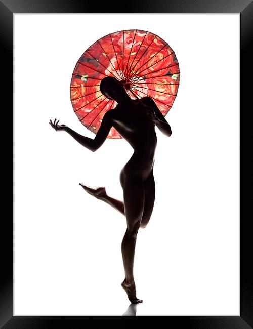 Nude woman with red parasol Framed Print by Johan Swanepoel