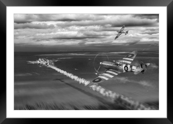 Normandy Spitfire attack B&W version Framed Mounted Print by Gary Eason