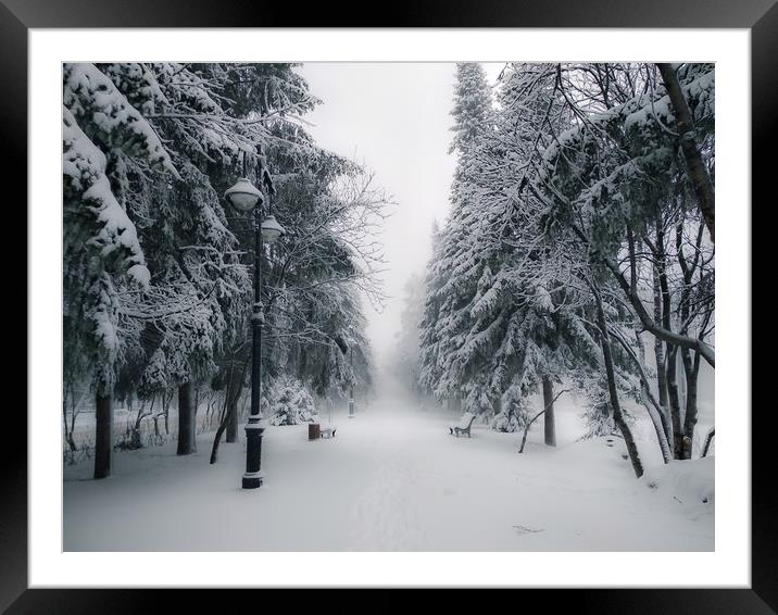 Snow-covered city alley in a cloudy day Framed Mounted Print by Dobrydnev Sergei
