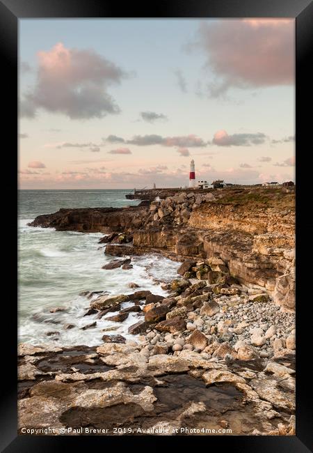 Portland Bill Lighthouse on Winter at Sunrise Framed Print by Paul Brewer
