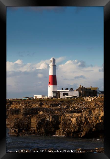 Portland Bill Lighthouse in Winter at Sunrise Framed Print by Paul Brewer
