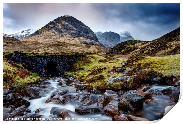 Mountain stream by the The Three Sisters of Glenco Print by Phill Thornton