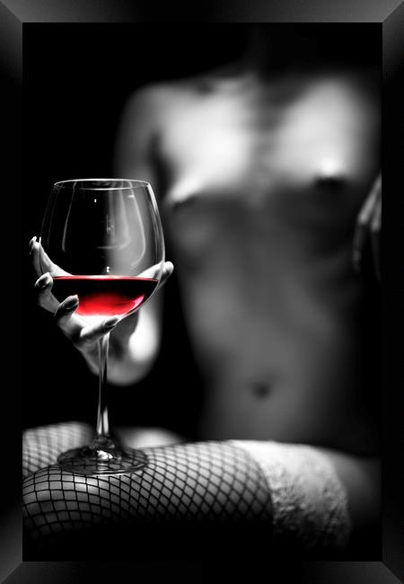 Nude woman red wine Framed Print by Johan Swanepoel