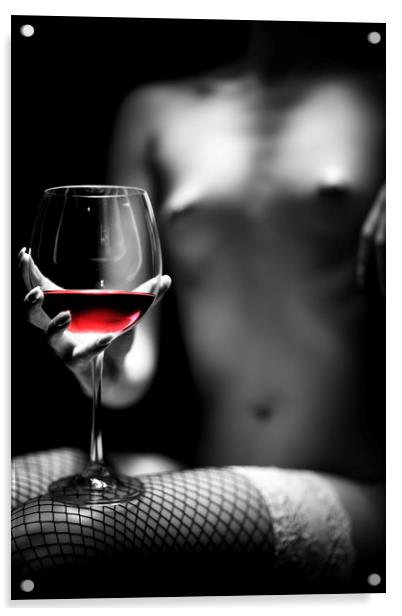 Nude woman red wine Acrylic by Johan Swanepoel
