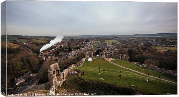 View from Corfe Castle as Train goes by Canvas Print by Paul Brewer