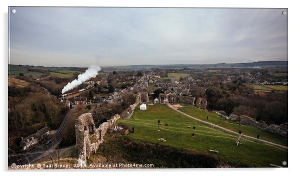 View from Corfe Castle as Train goes by Acrylic by Paul Brewer