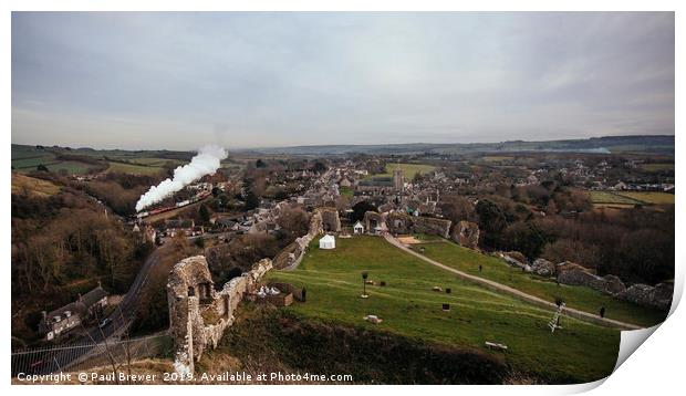 View from Corfe Castle as Train goes by Print by Paul Brewer