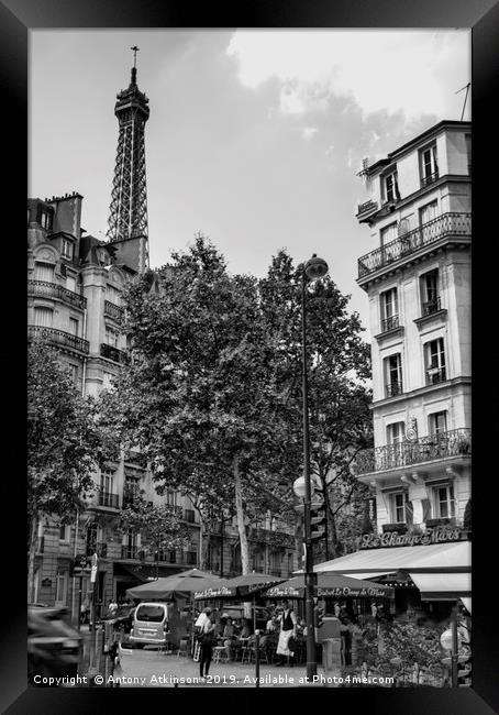 Paris Cafe in Black and White Framed Print by Antony Atkinson