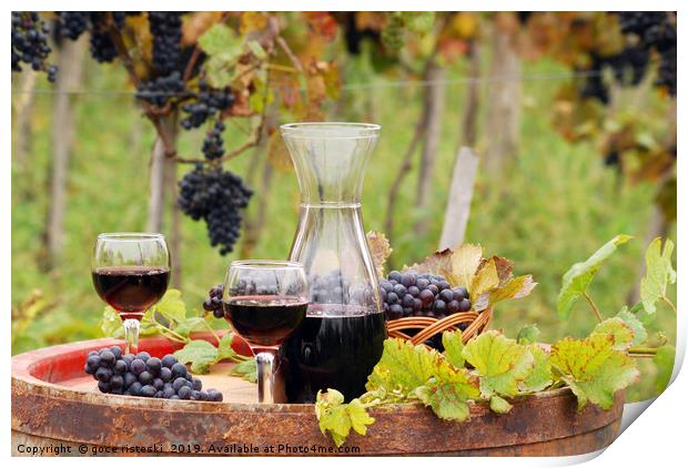 red wine on wooden barrel autumn season Print by goce risteski
