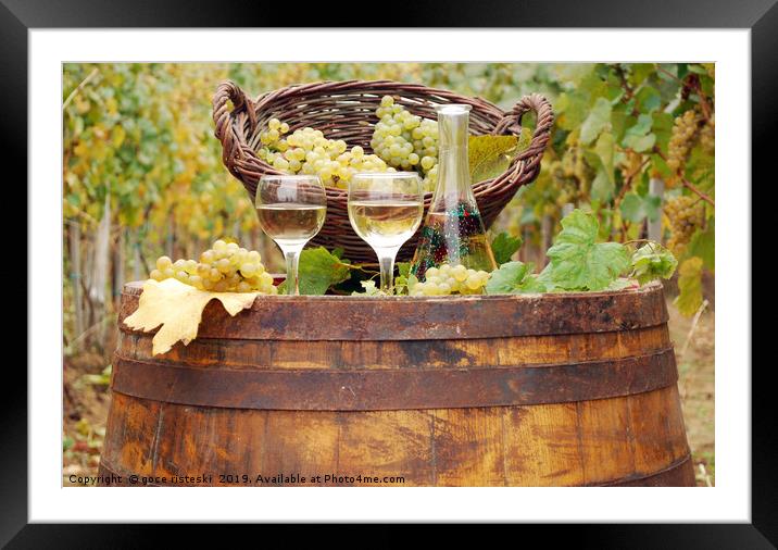 white wine and grape on wooden barrel Framed Mounted Print by goce risteski