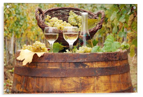 white wine and grape on wooden barrel Acrylic by goce risteski