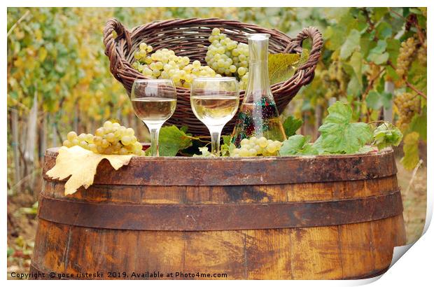 white wine and grape on wooden barrel Print by goce risteski
