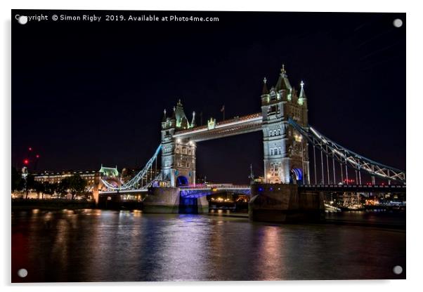 Tower Bridge at night Acrylic by Simon Rigby