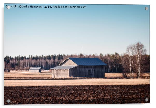 Old Barn Houses On The Spring Fields Acrylic by Jukka Heinovirta