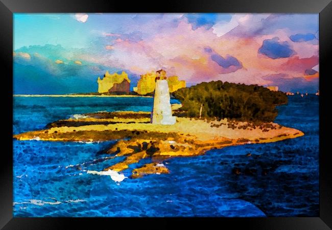 Bahamas Lighthouse with Resort Framed Print by Darryl Brooks