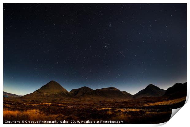 The Red Cuillins at Night on Isle of Skye Print by Creative Photography Wales
