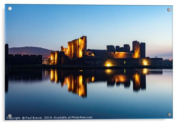Caerphilly Castle at night in winter Acrylic by Paul Brewer