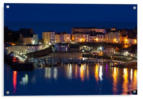 Tenby Harbour At Night Acrylic by Michael South Photography