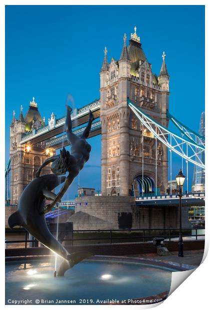 Girl with a Dolphin and Tower Bridge Print by Brian Jannsen