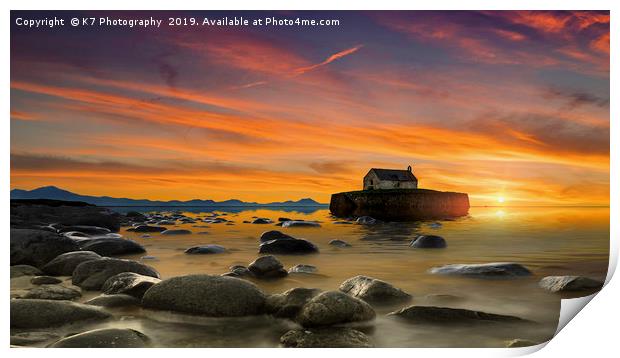 Sunset over St Cwyfan's Church, Anglesey. Print by K7 Photography