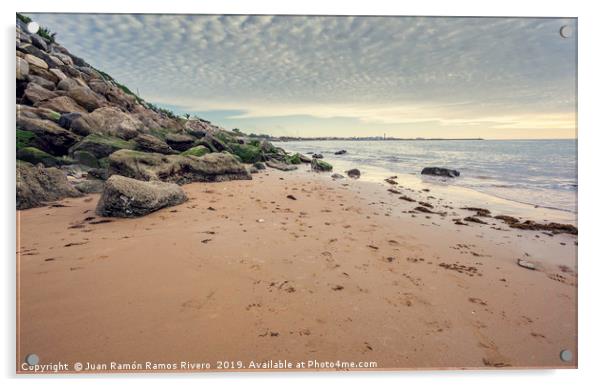 Small wet sand beach surrounded by steep rocks cli Acrylic by Juan Ramón Ramos Rivero