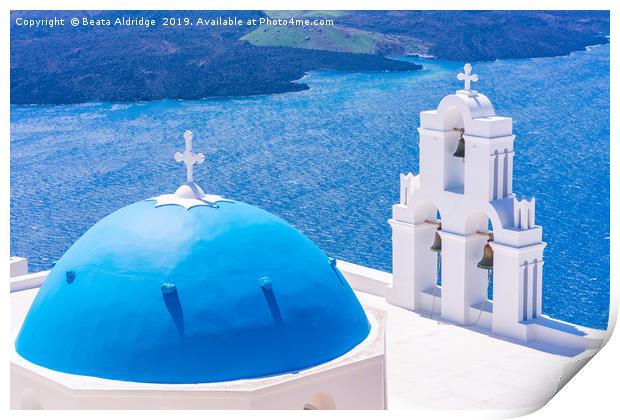 Blue domes of Santorini Print by Beata Aldridge